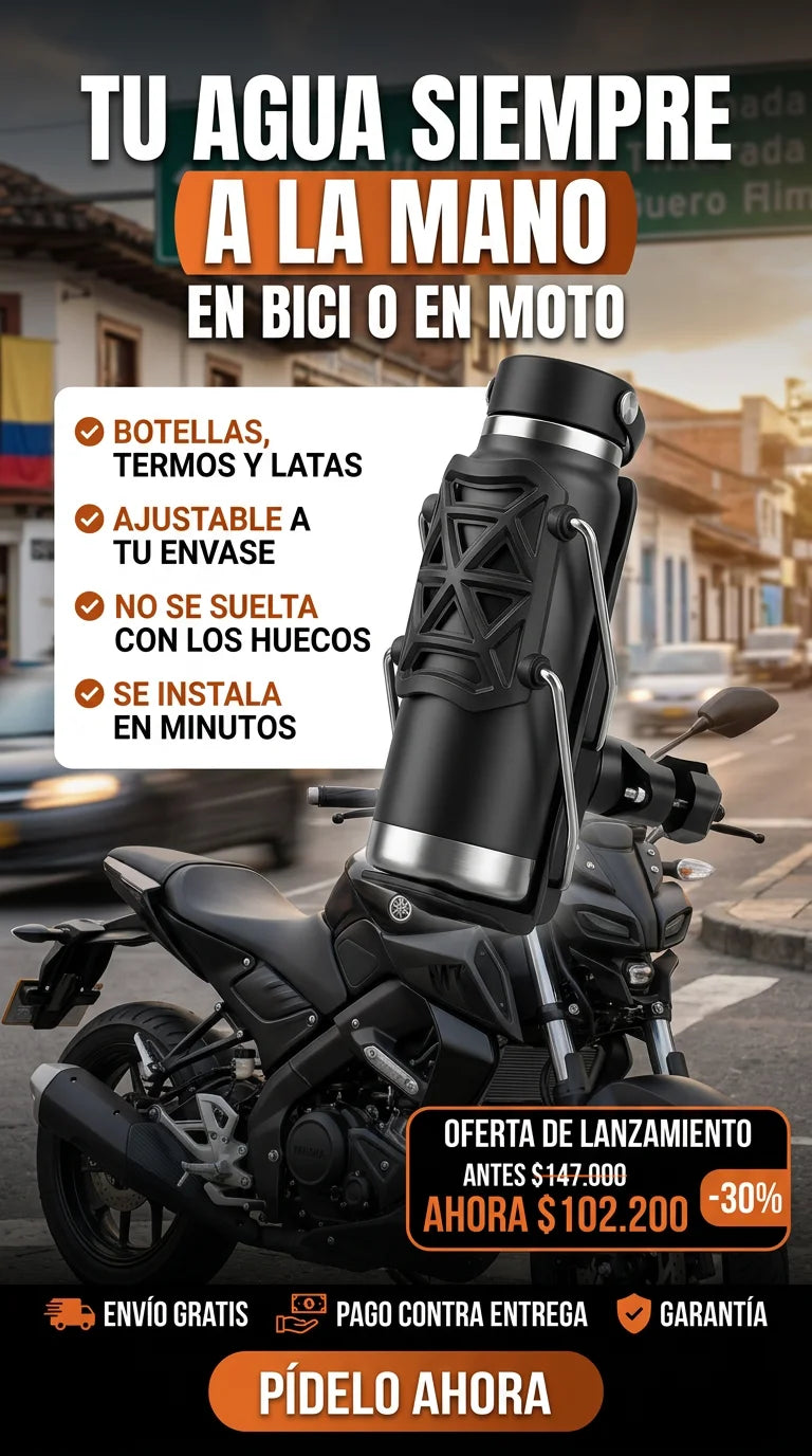 Termo Grip sosteniendo un termo negro en el manubrio de una motocicleta