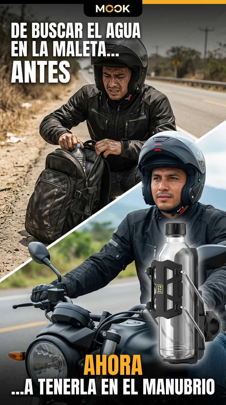Comparación de motociclista buscando una botella en la mochila y llevándola en Termo Grip