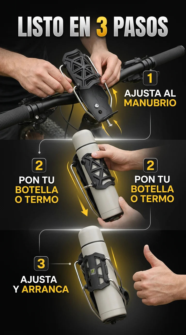 Manos instalando Termo Grip en un manubrio y colocando una botella en tres pasos