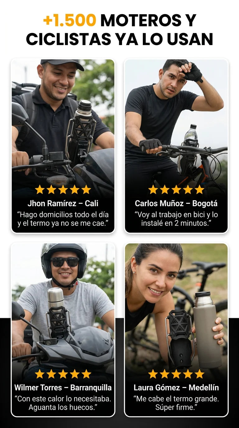 Collage de cuatro motociclistas y ciclistas usando Termo Grip
